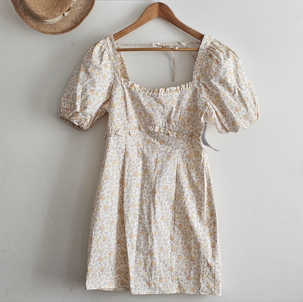 Topshop Ecru Floral Poplin Puff Sleeve Mini Dress Milkmaid Cottagecore US 8 NWT